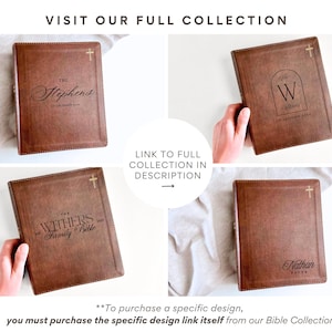 K&ouml;nnte beinhalten: Eine Collage von vier braunen Lederbibeln, jede mit einem goldenen Kreuz und personalisiertem Text. Die Bibel oben links tr&auml;gt die Aufschrift "The Stephens", die oben rechts ein "W", die unten links "The Withers Family Bible" und die unten rechts "Nathan".