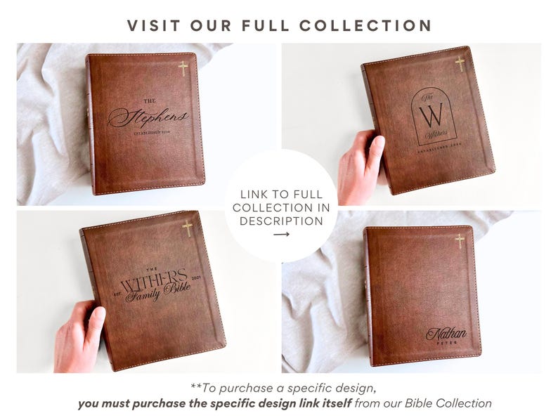 K&ouml;nnte beinhalten: Eine Collage von vier braunen Lederbibeln, jede mit einem goldenen Kreuz und personalisiertem Text. Die Bibel oben links tr&auml;gt die Aufschrift "The Stephens", die oben rechts ein "W", die unten links "The Withers Family Bible" und die unten rechts "Nathan".