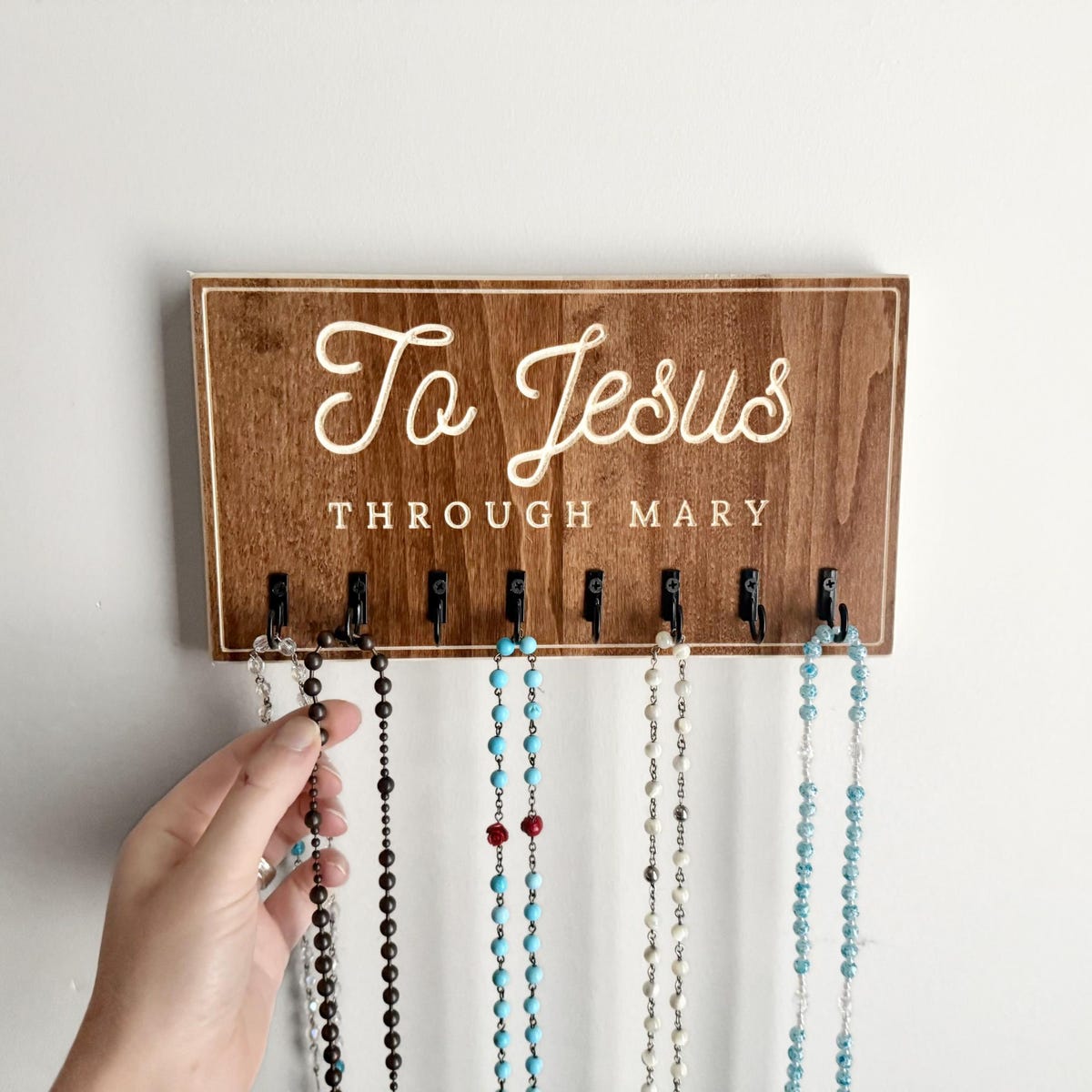 To Jesus Through Mary Rosary Holder Wall Large Rosary Hanger Catholic gift women Catholic Wall Art prayer room decor catholic marriage gift