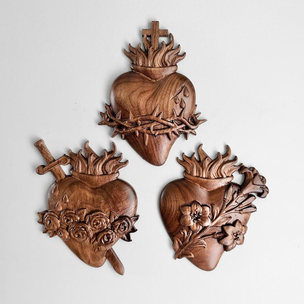 Three Hearts Holy Family Sacred Hearts JMJ art Sacred heart of Jesus traditional Catholic gift Women Jesus Mary Joseph wood holy family