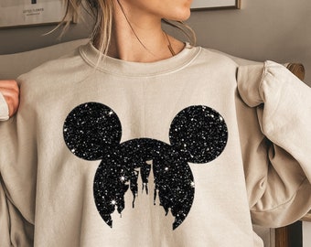 Disney Black Glitter Sweater,Minnie Glitter For Her,Disney family matching Shirt,Mickey shirt,Minnie Ear Glitter Shirt,Dısney Sweatshırt