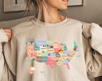 Sweat 50 États, chemise de voyage carte des États-Unis, chemise de vacances, cadeau pour voyageur des États-Unis, chemise de voyage en famille sur la route, carte des États-Unis, cadeau pour maman, anniversaire