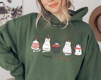 Meowy Christmas Hoodıe,Happy Cat Year Shirt,Funny Christmas Cat Shirt,Cat Christmas Sweatshirt,Cats Sweatshirt,Cat Lovers Xmas Sweater,Xmas