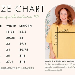 May include: Size chart for a t-shirt with measurements in inches. The chart shows the width and length of the shirt in sizes S, M, L, XL, 2XL, and 3XL. The model is wearing a size XL t-shirt and is 5'4" tall and 120 lbs. The text on the chart says "comfort colors 1717".