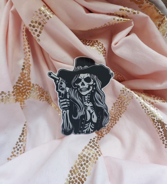 Western Cowgirl Skeleton with Gun Sticker