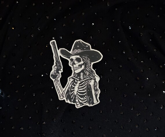 Western Cowgirl Skeleton with Gun Sticker