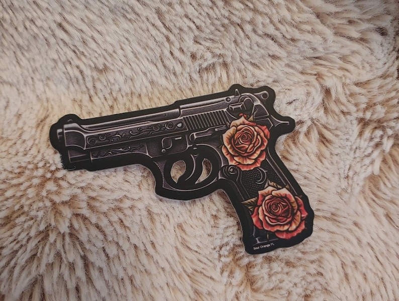 Gun Engravings Roses Black Pistol With Red Roses Gun Sticker - Etsy
