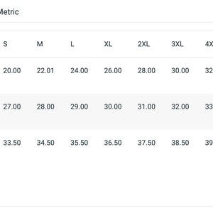 May include: Size chart showing width, length, and sleeve length measurements in inches for sizes S through 5XL.