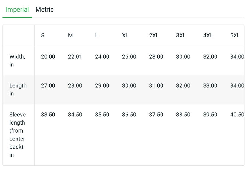 May include: Size chart showing width, length, and sleeve length measurements in inches for sizes S through 5XL.