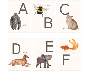Animal Themed Alphabet Cards | Homeschool Study | Printable Flash Cards | Nursery Playroom Decor