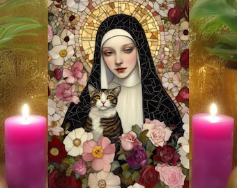 St. Gertrude of Nivelles Protection Prayer for Cats Card: Mosaic Floral Altar Print 5x7