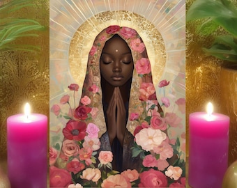 Black Mary Magdalene Spiritual Guidance Prayer Card: 2 Sided Mosaic Floral Altar Art 5x7 Print