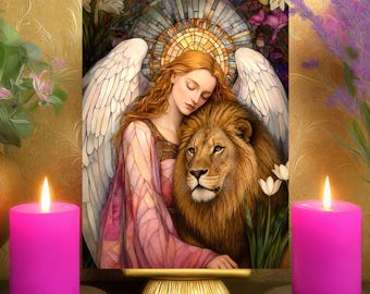 Archangel Ariel Inner Harmony & Healing Prayer Card: Angelic Mosaic Lion Altar Art Print 5x7