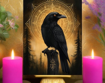 The Raven Transformation & Spiritual Guidance Invocation Altar Card: Sacred Geometry Spirit Animal Art Print 5x7