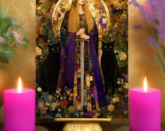 Freyja's Spiritual Strength Prayer Altar Card: Bohemian Mosaic Art Nouveau Norse Goddess Print 5x7