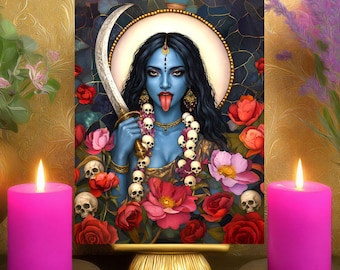 Kali Ma Inner Freedom Prayer Altar Card: Floral Skulls Mosaic Goddess Art Print 5x7