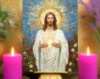 Jesus Light & Hope Prayer Altar Card: Floral Blue Gold Stained Glass Art Print 5x7