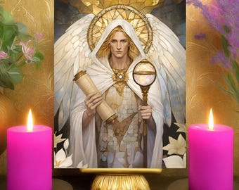 Archangel Azrael Spiritual Rebirth Prayer Card: White Gold Stained Glass Altar Art Print 5x7