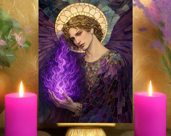Erzengel Zadkiels Gebetskarte für emotionales Gleichgewicht - Glasmalerei Lila Flammenaltar Kunstdruck 13x18