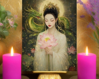 Quan Yin Taming the Dragon Within Prayer Card: Buddhist Altar Art Print 5x7 Meditation Decor