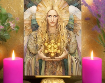 Archangel Metatron’s Spiritual Ascension Prayer Card - Stained Glass Sacred Cube Altar Art Print 5x7