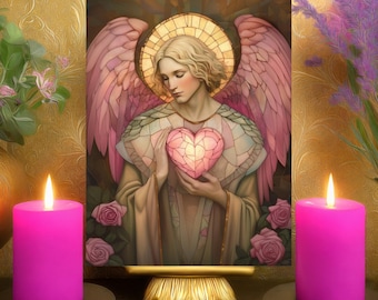 Erzengel Chamuel Herz Erweiterung Gebetskarte: Glas-Altar-Kunst (Papierdruck 13x18)