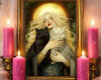 Freyja Norse Goddess Wall Art, Divine Feminine Cats Decor, Magical Fantasy Art Print
