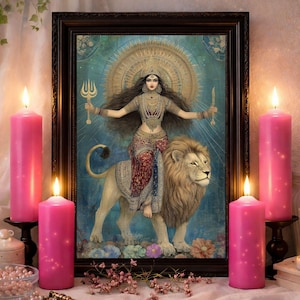 Durga Art Nouveau Print: Printable Blue Gold Lion Shakti Goddess Altar Wall Decor