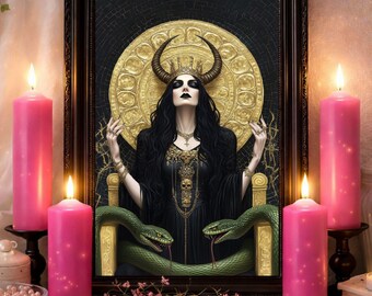 Lilith Art Print: Printable Witchy Gold Black Snake Mosaic Home Altar Wall Decor