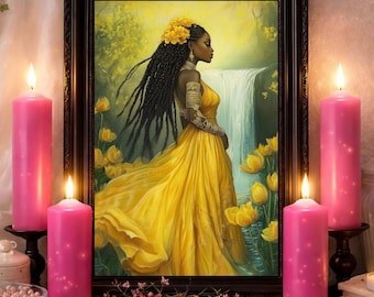 Goddess Oshun Art Print: Printable Yellow Floral Waterfall Wall Altar Decor (Instant Download)