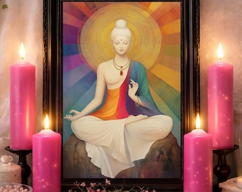 White Tara Abstract Rainbow Print: Printable Buddhist Goddess Wall Altar Art (Digital Download)