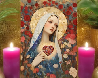 Virgin Mary’s Spiritual Guidance Altar Card: 2 Sided Mosaic Floral Prayer Art (5x7 Paper Print)