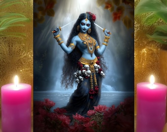 Goddess Kali Empowerment Meditation Card: Floral Blue Waterfall Magical Altar Art Print 5x7