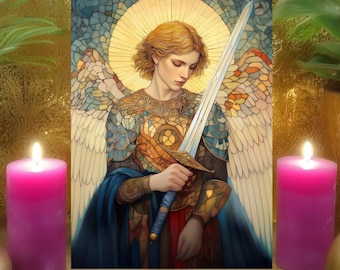 Archangel Michael's Protection & Courage Prayer Card - Neo Byzantine Mosaic Altar Art Print 5x7