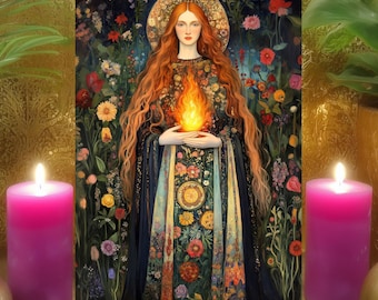 Brigid Spiritual Healing & Renewal Prayer Altar Card: Floral Celtic Fire Goddess Art (5x7 Print)