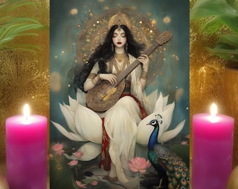 Saraswati's Inspiration & Creativity Meditation Altar Card: Lotus Goddess Prayer Art (5x7 paper print)