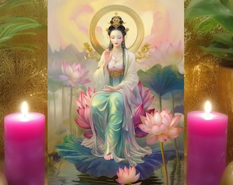 Quan Yin spirituele groei mantra gebedskaart: pastel boeddhistische godin altaar kunst 5 x 7 print
