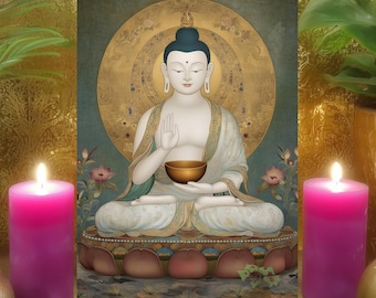Buddha Fearless Peace Meditation Altar Card: Double Sided Buddhist Prayer Art Print 5x7