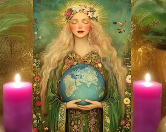 Gaia Gratitude Prayer Altar Card: Whimsical Floral Earth Mother Goddess Shrine Art Print 5x7