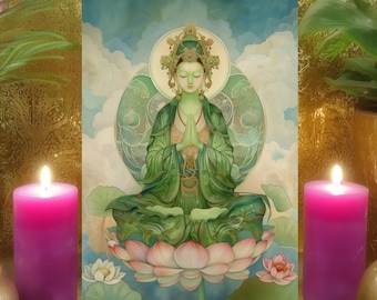 Green Tara’s Spiritual Protection Prayer Altar Card: Neo Thangka Buddhist Goddess Art (5x7 Print)