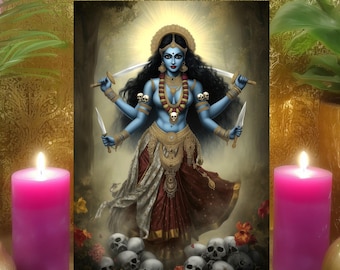 Kali’s Supreme Protection Prayer Card – Goddess Kali Ma Skulls Flowers Altar Art (5x7 Print)