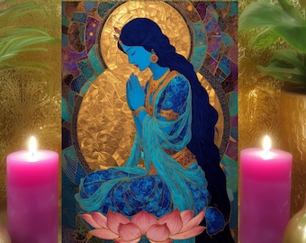 Blue Tara Spiritual Clarity Meditation Altar Card: Mosaic Buddhist Goddess Prayer Art Print 5x7