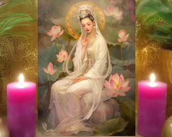 White Tara Spiritual Healing Altar Prayer Card: Floral Lotus Buddhist Goddess Art Print 5x7