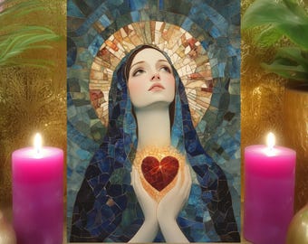 Jungfrau Maria Hoffnung & Licht Gebet Altar Karte: Blaues Mosaik Unbeflecktes Herz Kunst (5x7 Print)
