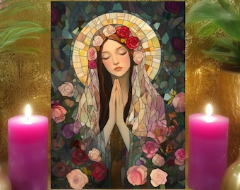Mary Magdalene New Beginnings Prayer Card: Double Sided Stained Glass Altar Art 5x7 Print