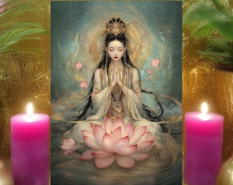 Quan Yin Spiritual Growth Prayer Altar Card: 2 Sided Lotus Buddhist Goddess Art Print 5x7
