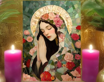 Mary Magdalene's Spiritual Guidance Altar Card: Double Sided Mosaic Floral Prayer Art 5x7 Print