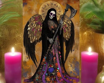 Santa Muerte's Divine Grace Meditation Altar Karte: Göttin San Gebetskunst (130x180 Papierdruck)