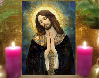 Jesus's Sacred Light Altar Card: 2 seitige blaue Mosaik Heilige Gebetskunst (5x7 Papierdruck)