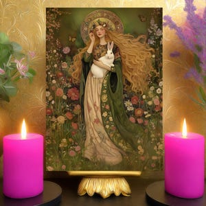 Peut inclure: Une impression d'art encadrée représentant une femme aux longs cheveux blonds tenant un lapin blanc, entourée de fleurs. L'œuvre d'art a un style vintage avec un schéma de couleurs vert et or. Deux bougies roses allumées encadrent l'impression.